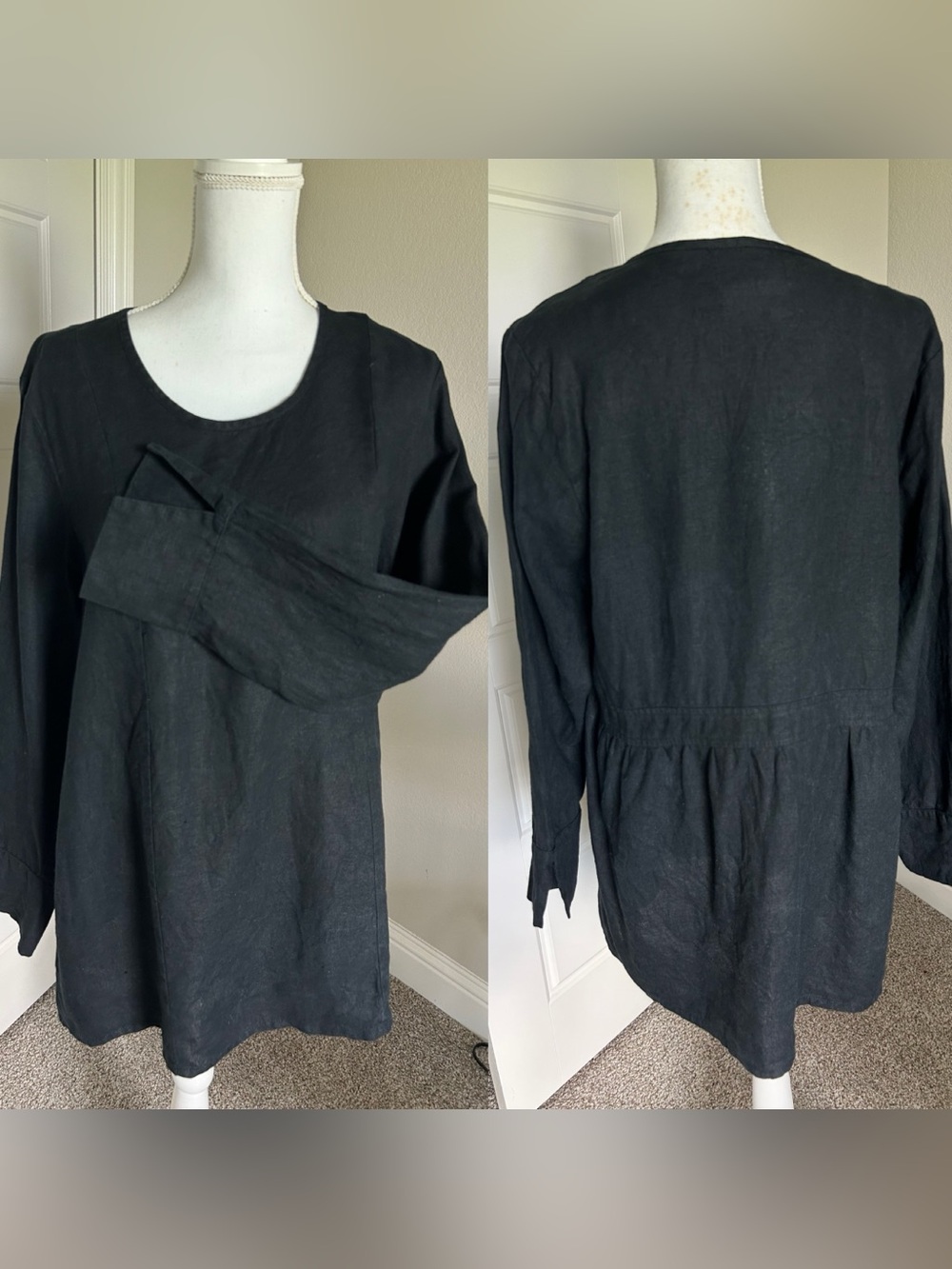 FLAX 100% Linen Tunic Top Black Long Sleeve Back Banded Pleats Size M Lagenlook